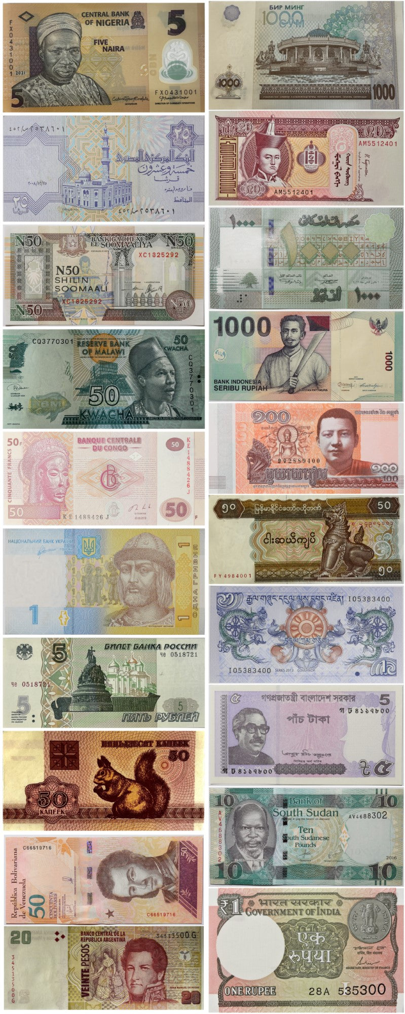 Zestaw 20 banknotów Świata - stan UNC + etui