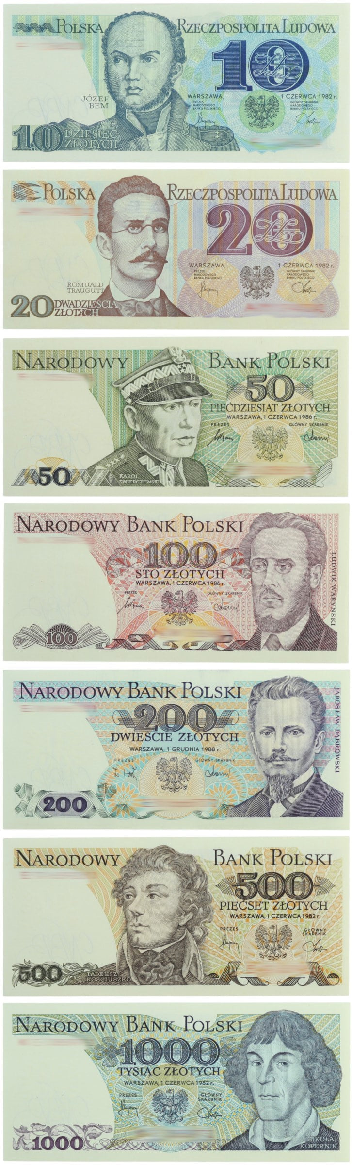 Zestaw 7 banknotów PRL - od 10 do 1000 zł - stan UNC